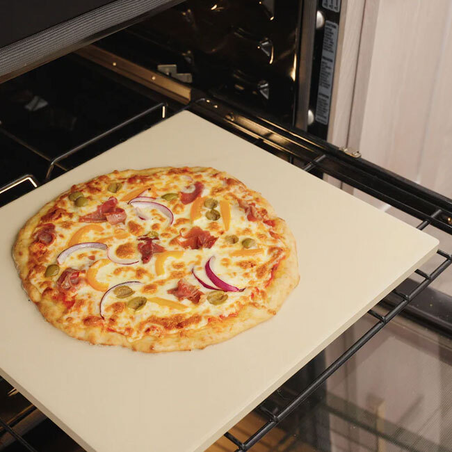 Old Stone Pizza Kitchen Rectangle Pizza Stone, 14” x 16” in use with pizza
