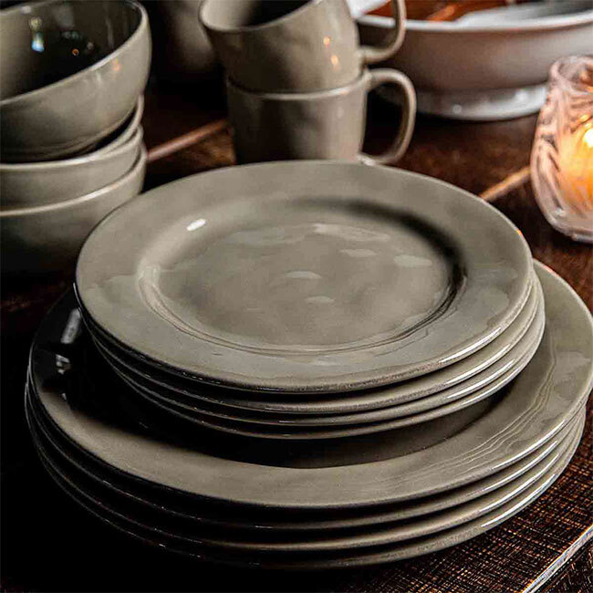 Juliska Puro Dessert/Salad Plate - Taupe stacked with Dinner plates