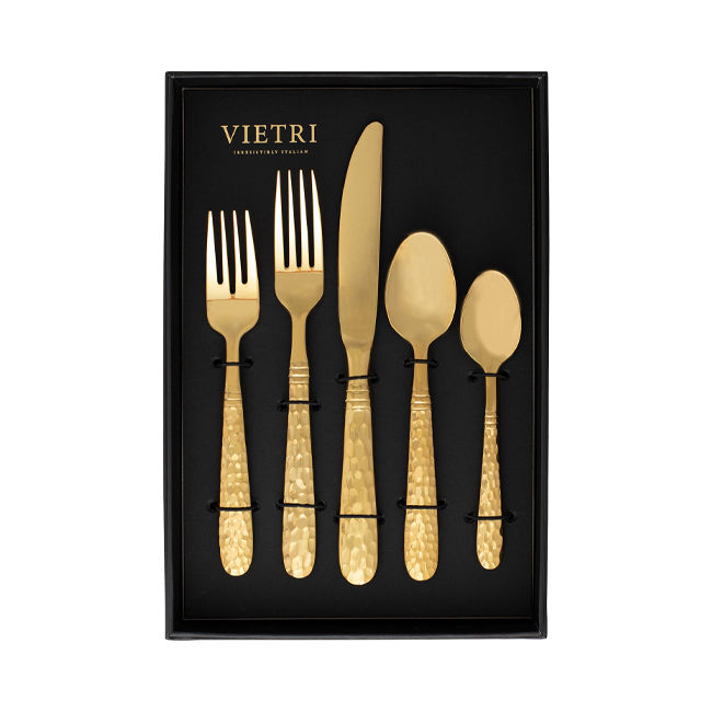 Vietri Bugatti Martellato Gold 5-Piece Flatware Place Setting in box