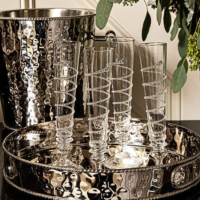 Juliska Graham 13” Round Tray lifestyle with Amalia Champagne Flutes