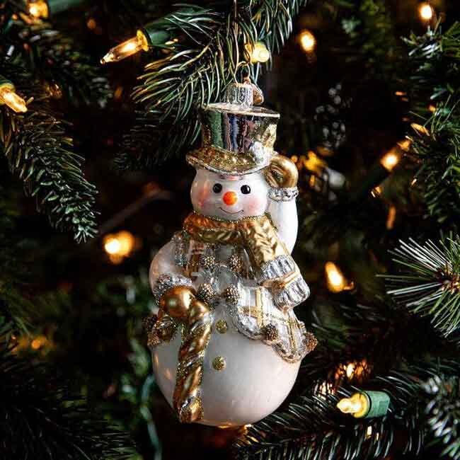 Juliska Berry & Thread Gold & Silver Tartan Snowman Glass Ornament on Tree