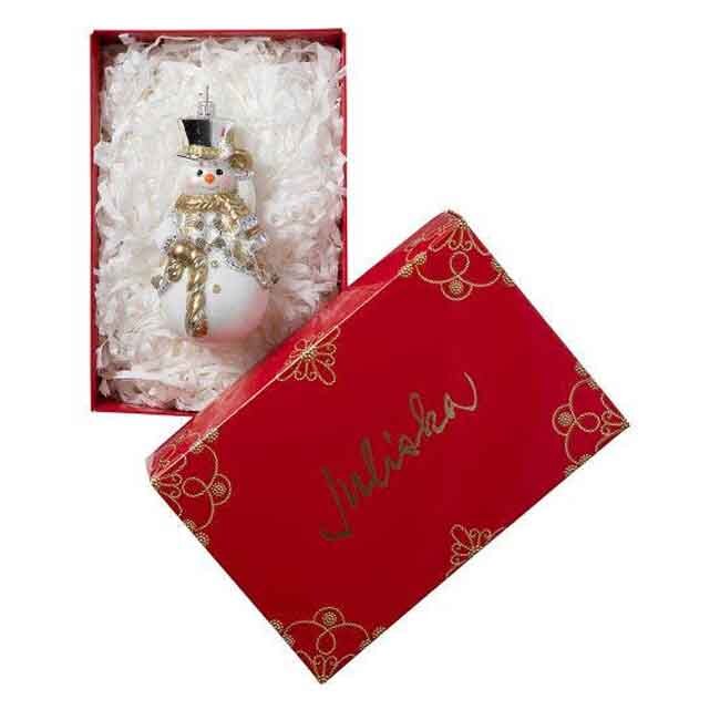 Juliska Berry & Thread Gold & Silver Tartan Snowman Glass Ornament in Box