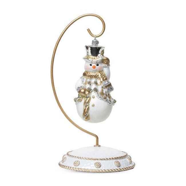 Juliska Berry & Thread Gold & Silver Tartan Snowman Glass Ornament on Stand