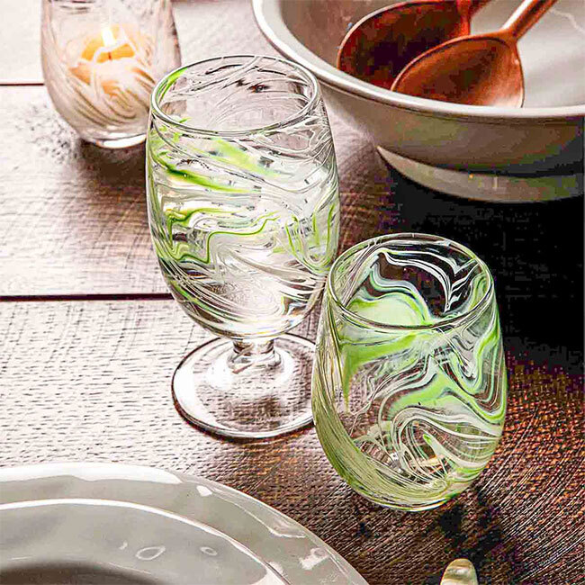 Juliska Puro Marbled Stemless Wine Glass | Green w/Goblet