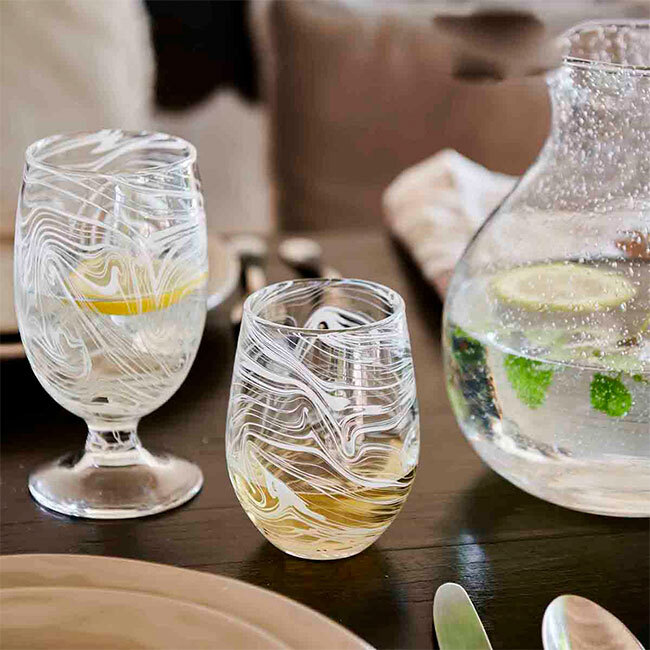 Juliska Puro Marbled Goblet | White w/ Stemless Wine Glass