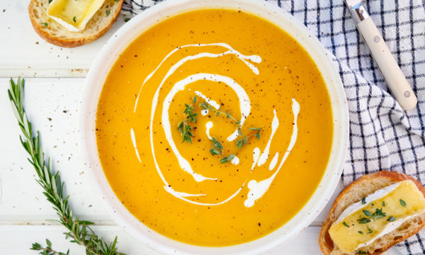 Butternut Squash Soup with Melted Brie and Honey Crostini