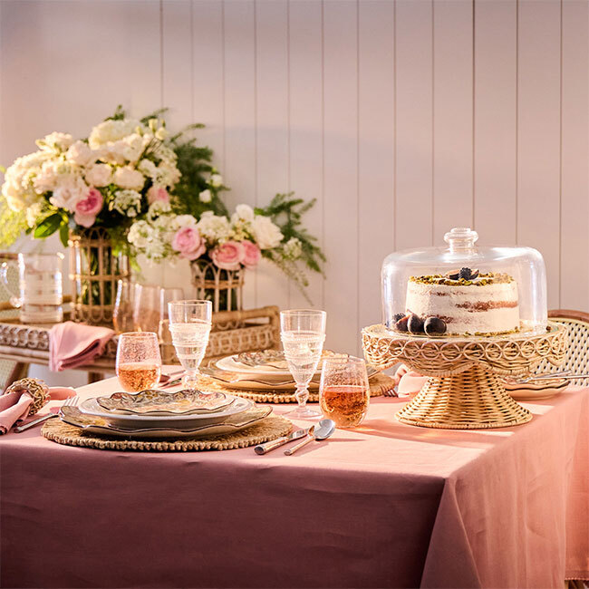 Juliska Provence Rattan Cake Stand | Whitewash on table with dome