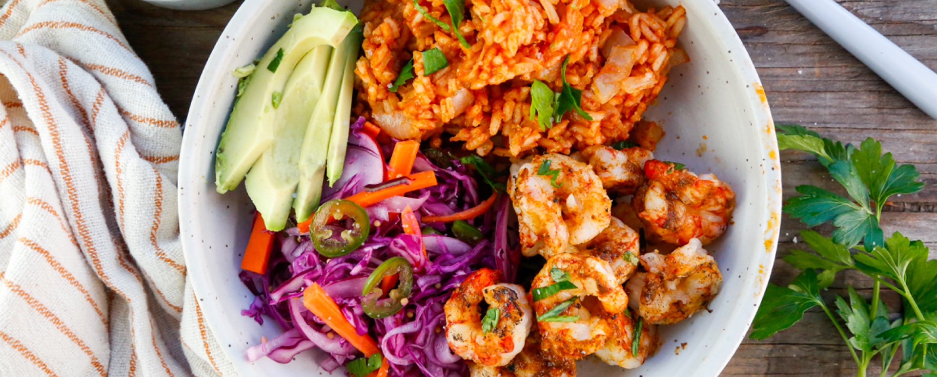 Grilled Cajun Shrimp with Red Rice and Pickled Slaw