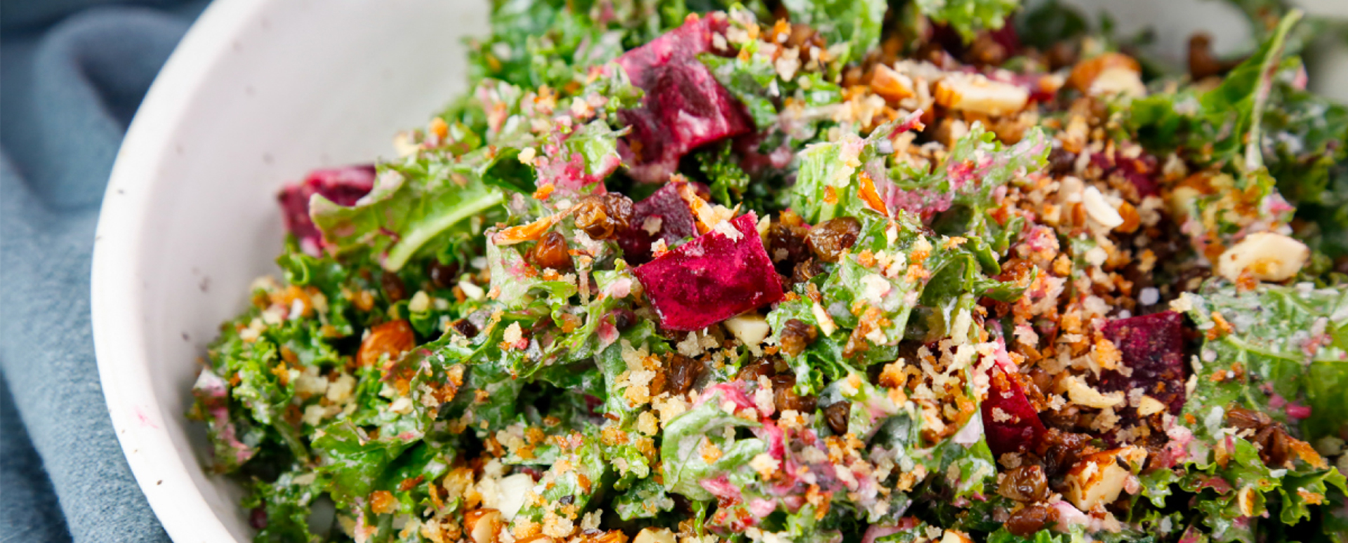 Kale Salad with Roasted Beets, Crispy Lentils, and Garlic Butter Panko