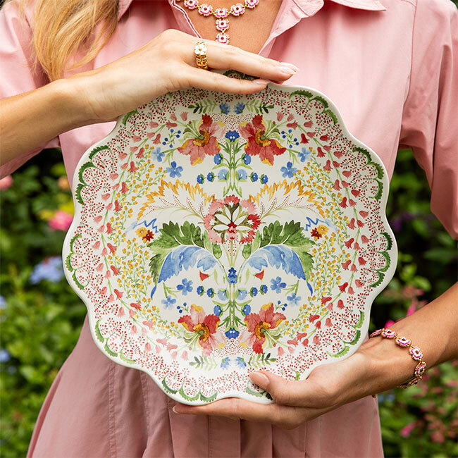 Juliska Sofia Dinner Plate | Multi being held by pink dressed woman
