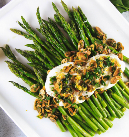 Roasted Asparagus with Burrata, Lemon, and Almonds