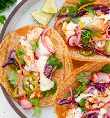 Grilled Fish Tacos with Lime Crema and Spicy Quick-Pickled Vegetables