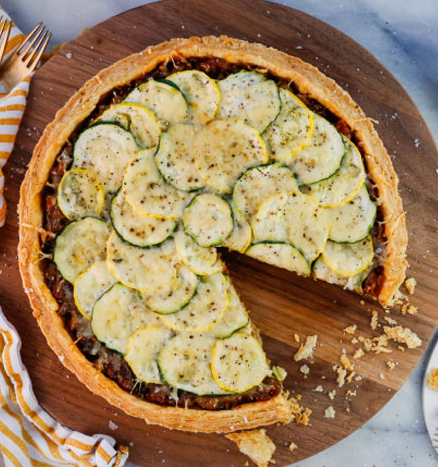 Summer Squash and Tomato Tart with Caramelized Onions and Gruyere Cheese
