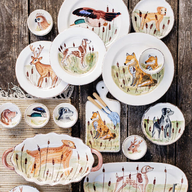 Vietri Wildlife Hunting Dog Handled Oval Bowl in collection