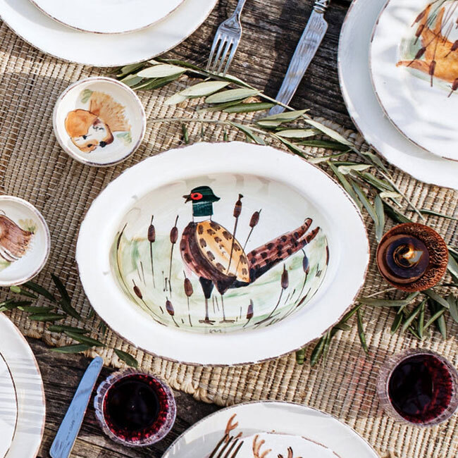 Vietri Wildlife Pheasant Small Rimmed Oval Bowl